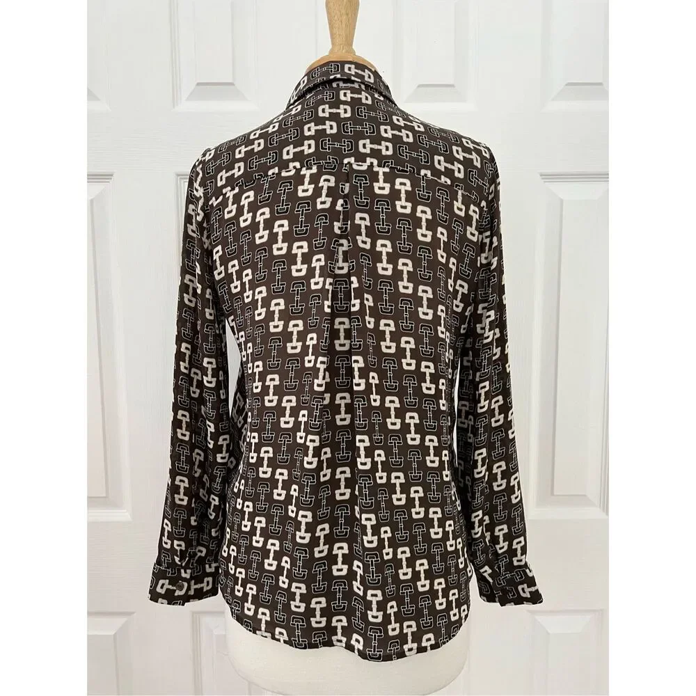 L'Agence Nina Horsebit Brown Ivory Buckle Print Button-Up Silk Blouse Size XS - Picture 6 of 9